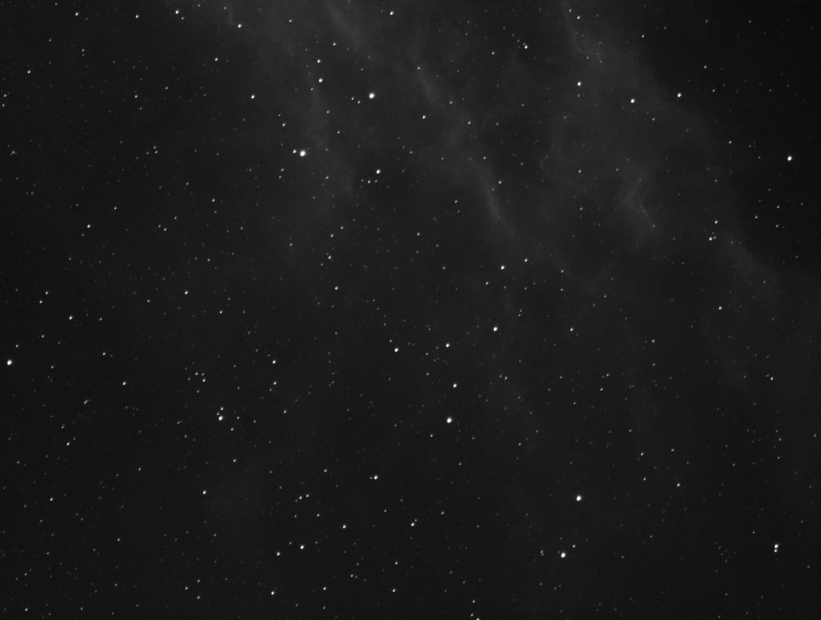 The five-frame stack after background extraction and an automatic stretch: the California Nebula in H-alpha