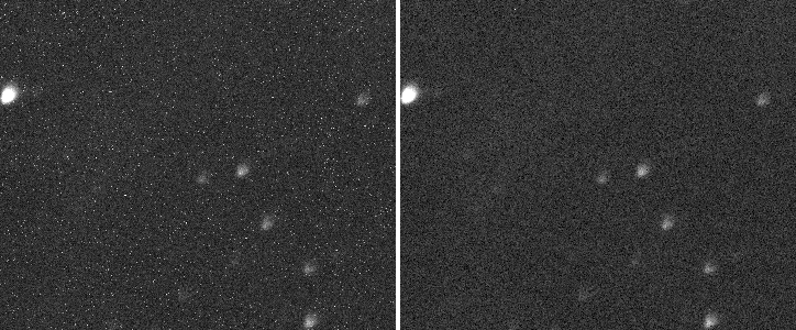 A 1:1 crop of the same light: the speckle of hot pixels on the left is gone on the right