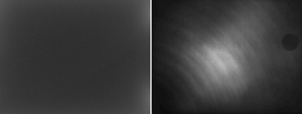 The master dark (left) shows a faint amp glow at the edges; the master flat (right) shows bright centre, dark corners and a dust ring at top right