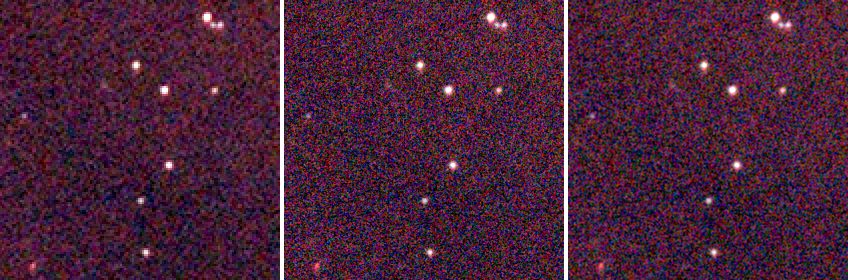 A crop of the stack at twice its size, and of the drizzle with a pixfrac of 0.6 and 1.0