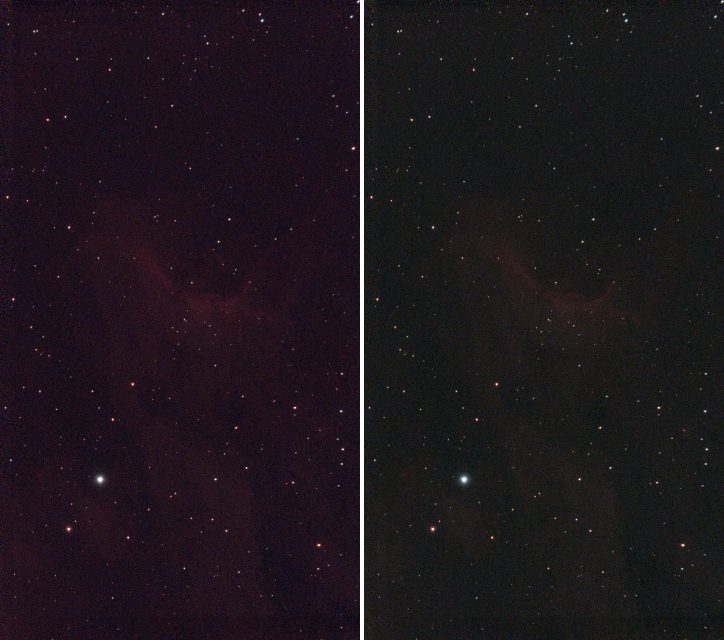 Before colour calibration the sky is dark purple; after, it is a neutral dark grey