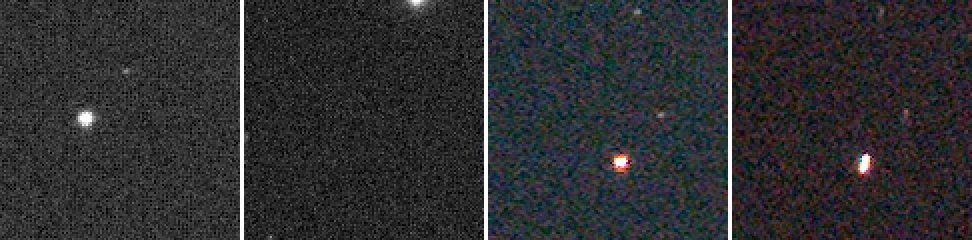 The raw frames put the star in different places; after registering the star is at the centre of both. The last frame has the poorer, elongated star the table reports