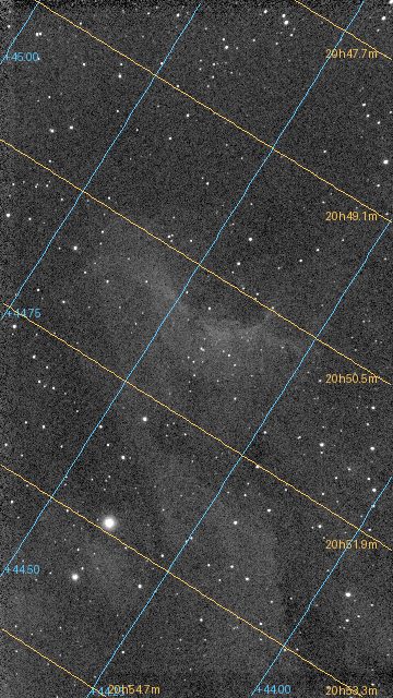 The solved image with its declination lines in blue and right ascension lines in orange