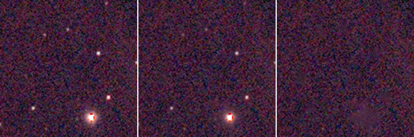 A 160 by 160 pixel crop at three times its size: the original, half the light of each star removed, all of it removed