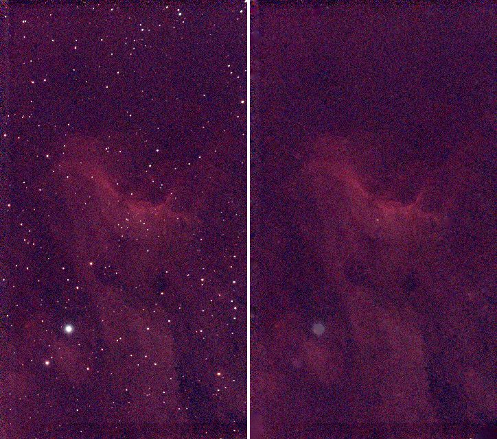 The stack and the same image with its stars removed, with the same screen stretch