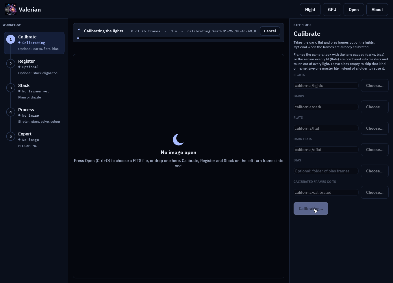 Calibrate running on the H-alpha session, with Cancel in the notice